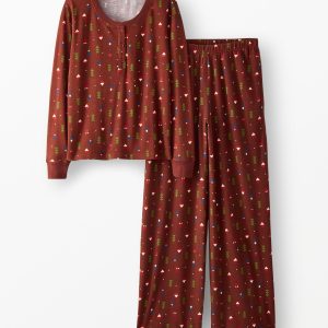 Women's Holiday Long Sleeve Waffle Henley Pajama Set