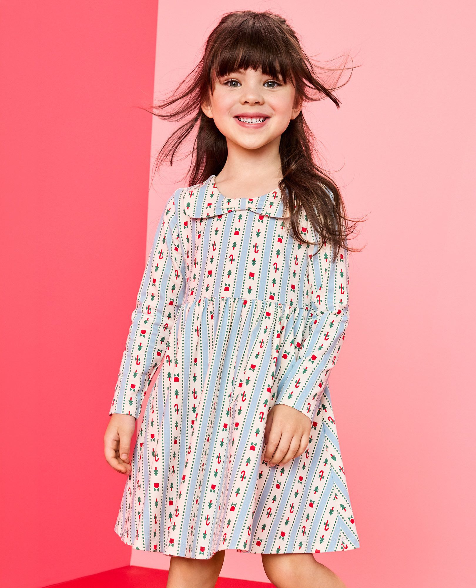 Holiday Long Sleeve Bow Collar Skater Dress with Pockets