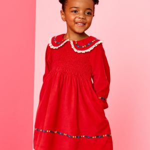Embroidered Corduroy Dress with Pockets