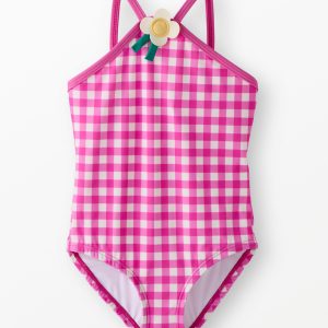 One-Piece Gingham Flower Swimsuit