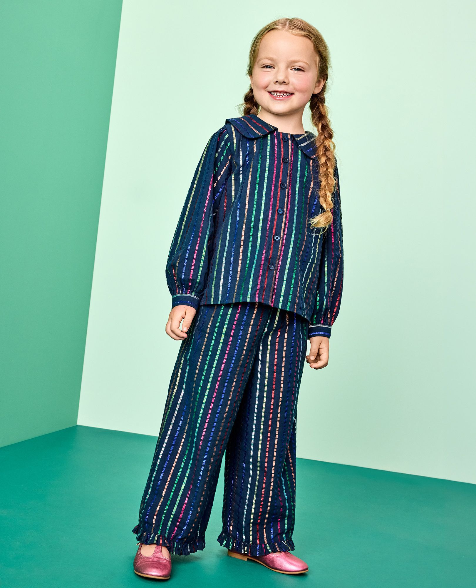 Long Sleeve Rainbow Stripe Top & Wide Leg Pants Set