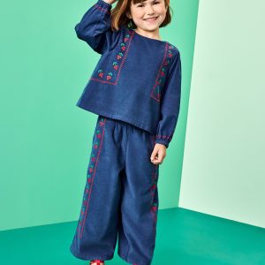 Corduroy Embroidered Wide Leg Pants