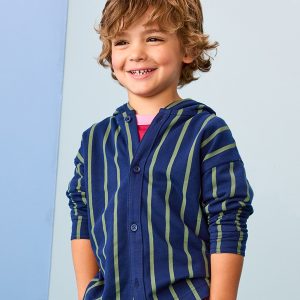 French Terry Hooded Striped Button Up Shirt