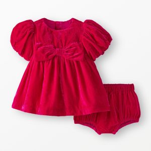 Baby Balloon Sleeve Velvet Dress & Bloomers Set