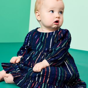 Baby Long Sleeve Metallic Striped Dress & Bloomers Set