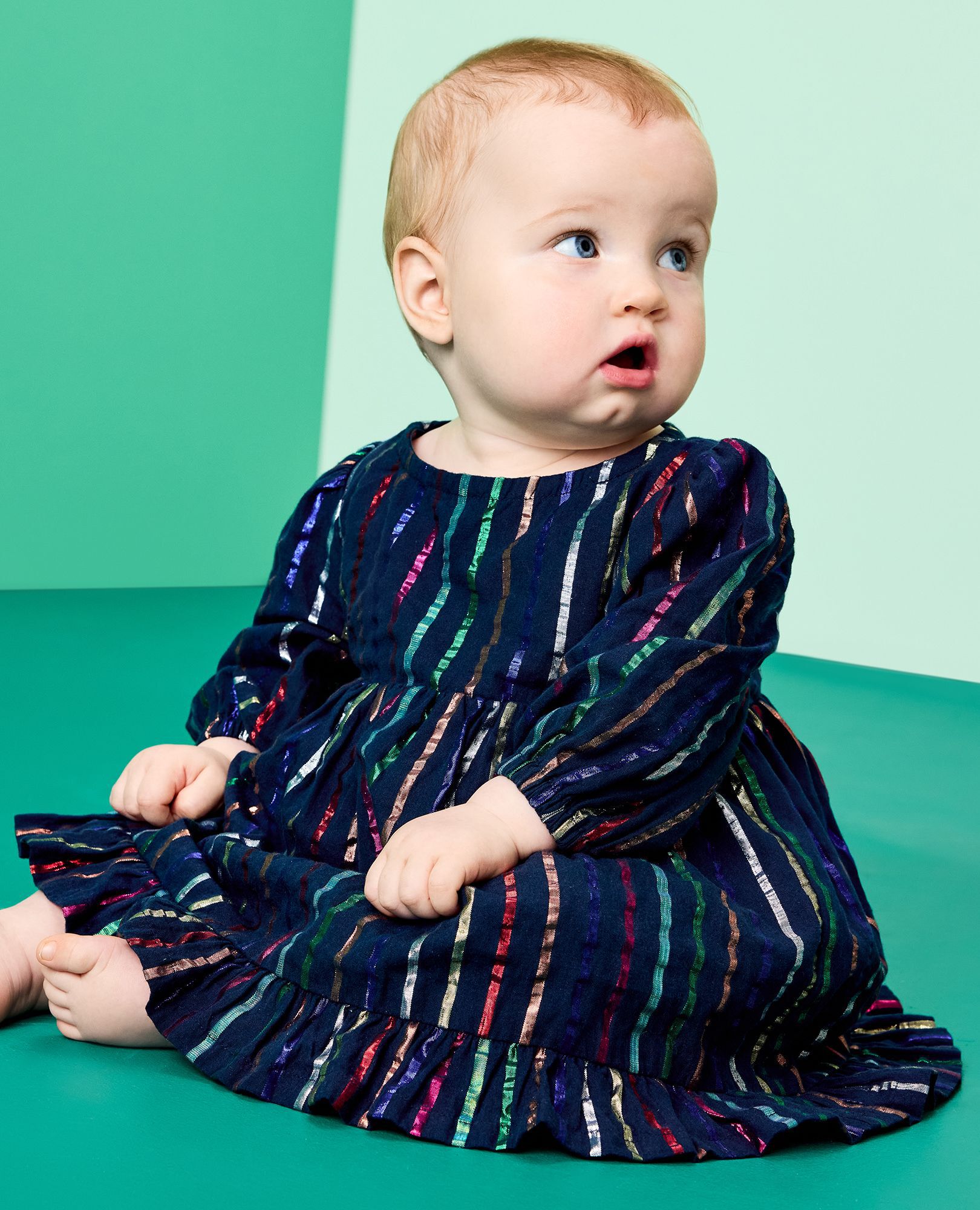 Baby Long Sleeve Metallic Striped Dress & Bloomers Set