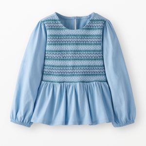 Long Sleeve Embroidered Smocked Peplum Top