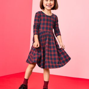 Long Sleeve Plaid Skater Dress with Pockets