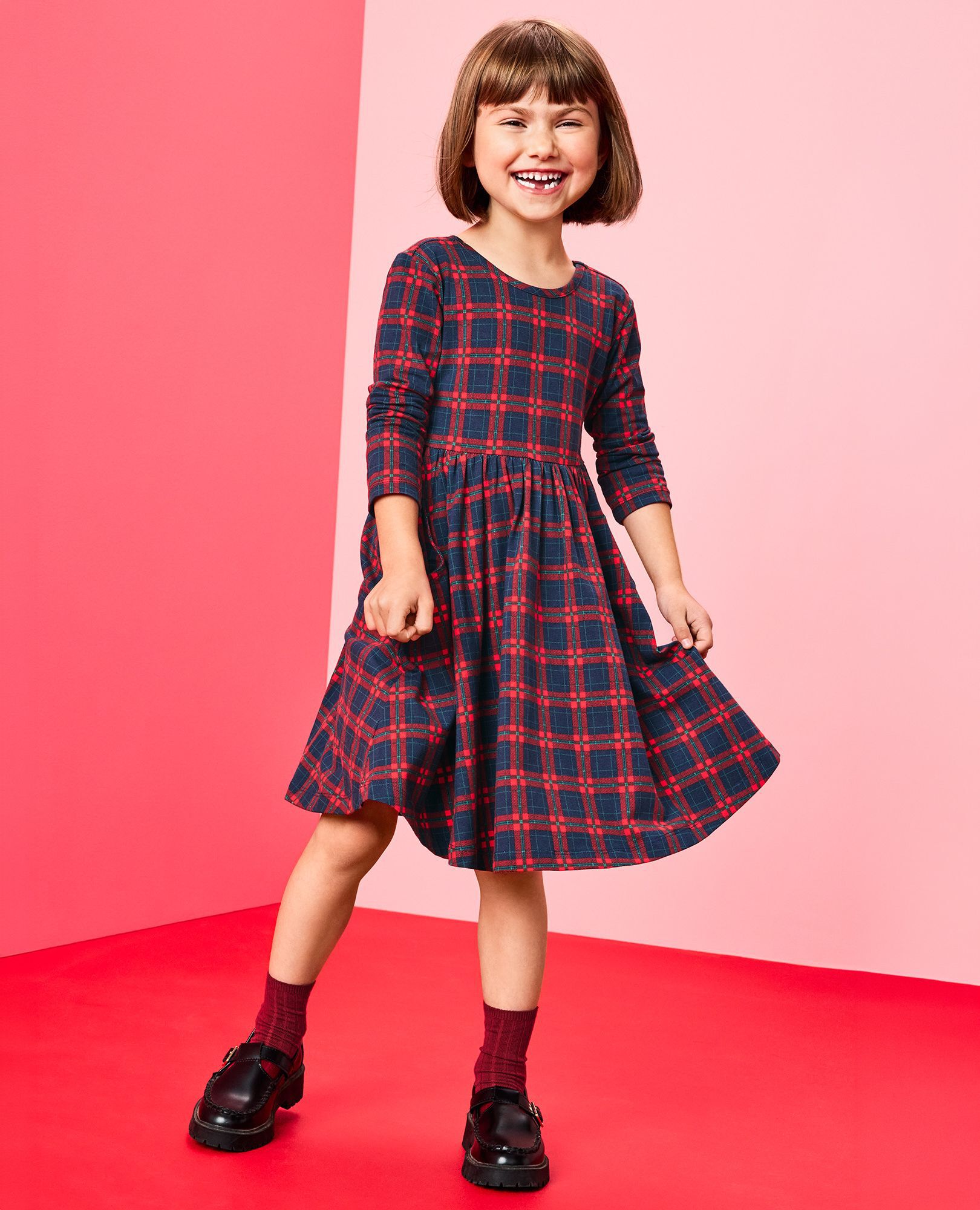 Long Sleeve Plaid Skater Dress with Pockets